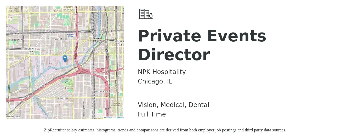 NPK Hospitality job posting for a Private Events Director in Chicago, IL with a salary of $56,700 to $99,900 Yearly and benefits including dental, medical, pto, and vision with a map of Chicago location.