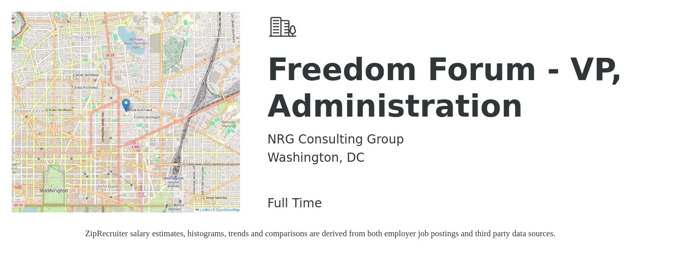 NRG Consulting Group job posting for a Freedom Forum - VP, Administration in Washington, DC with a salary of $190,000 to $195,000 Yearly with a map of Washington location.