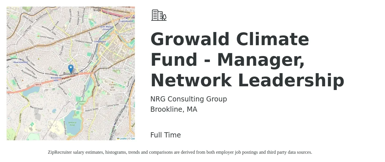 NRG Consulting Group job posting for a Growald Climate Fund - Manager, Network Leadership in Brookline, MA with a salary of $87,100 to $138,500 Yearly with a map of Brookline location.