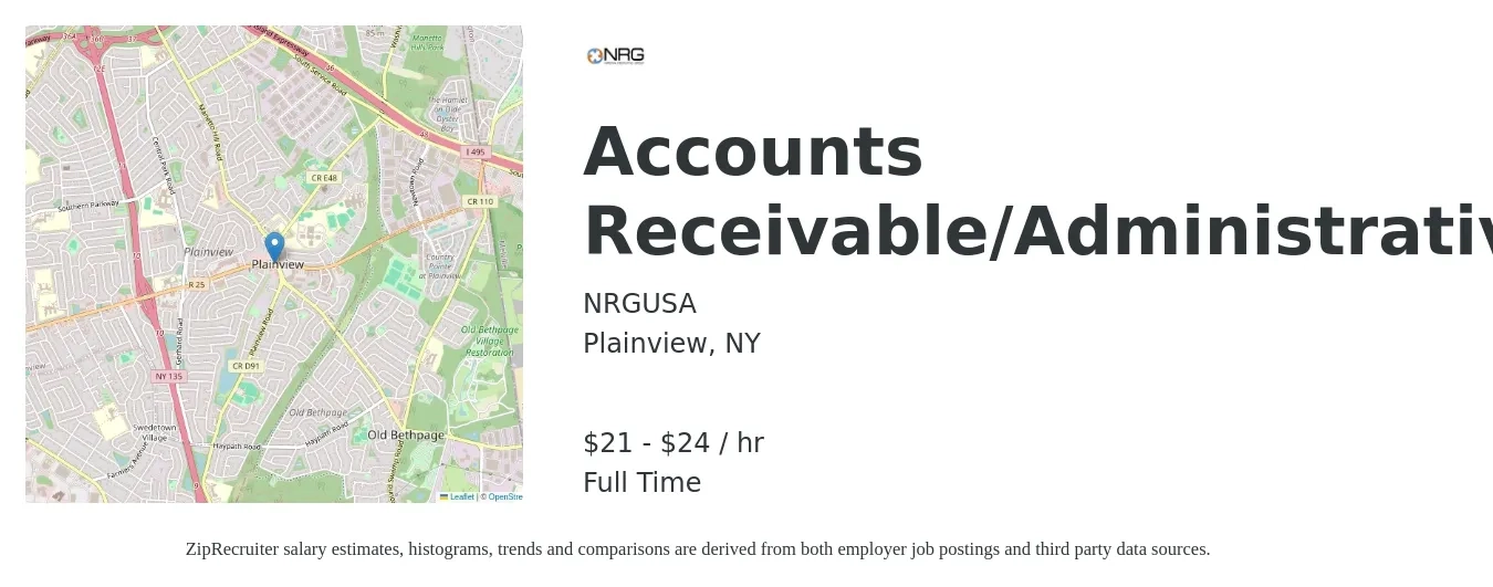 NRGUSA job posting for a Accounts Receivable/Administrative in Plainview, NY with a salary of $22 to $25 Hourly with a map of Plainview location.