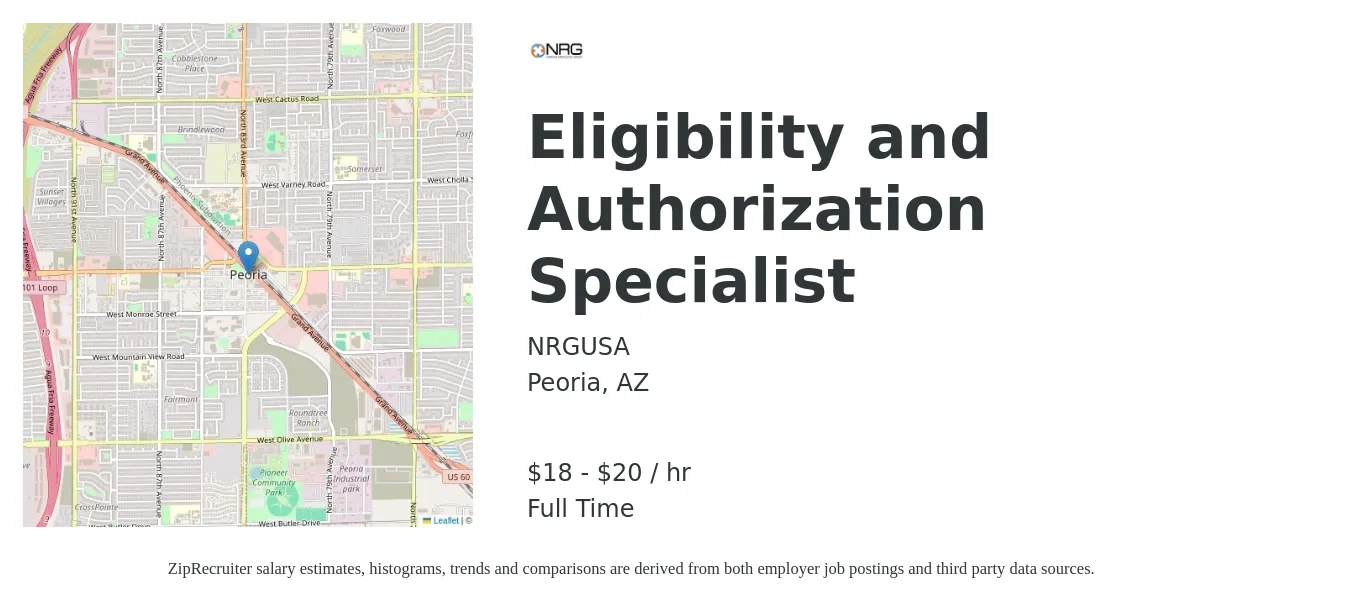 NRGUSA job posting for a Eligibility and Authorization Specialist in Peoria, AZ with a salary of $19 to $21 Hourly with a map of Peoria location.