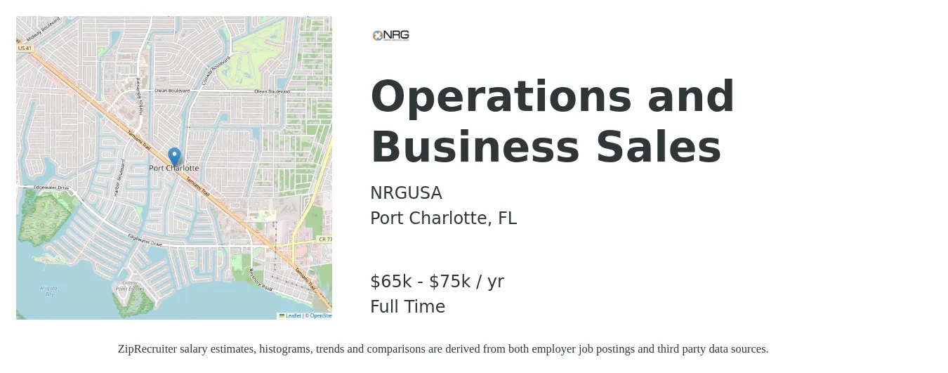 NRGUSA job posting for a Operations and Business Sales in Port Charlotte, FL with a salary of $65,000 to $75,000 Yearly with a map of Port Charlotte location.