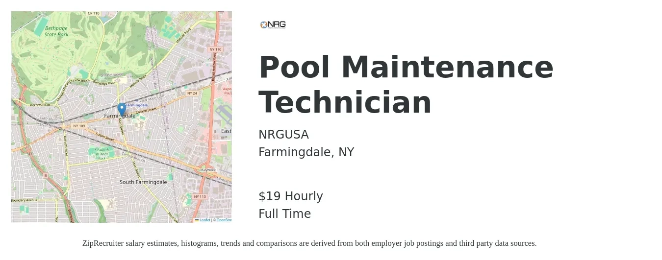 NRGUSA job posting for a Pool Maintenance Technician in Farmingdale, NY with a salary of $20 Hourly with a map of Farmingdale location.