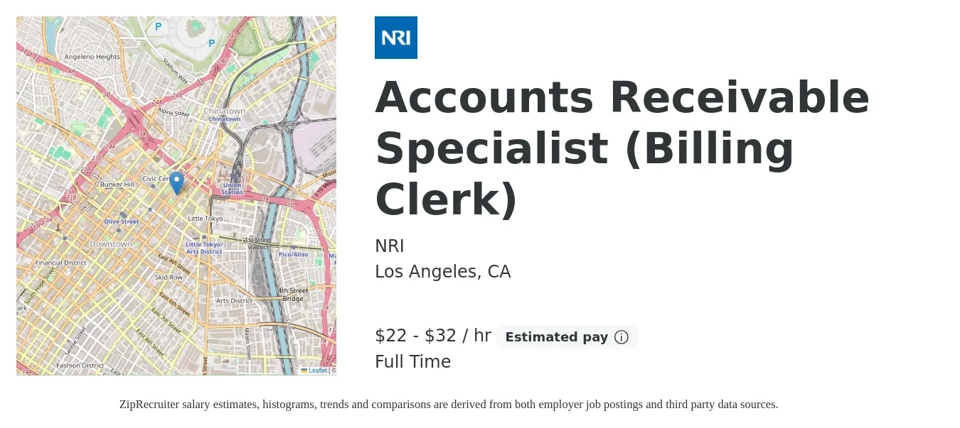 NRI job posting for a Accounts Receivable Specialist (Billing Clerk) in Los Angeles, CA with a salary of $23 to $34 Hourly with a map of Los Angeles location.
