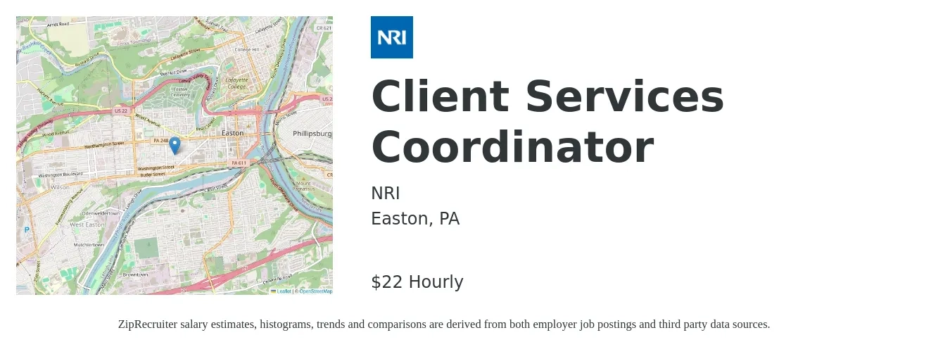 NRI job posting for a Client Services Coordinator in Easton, PA with a salary of $23 Hourly with a map of Easton location.