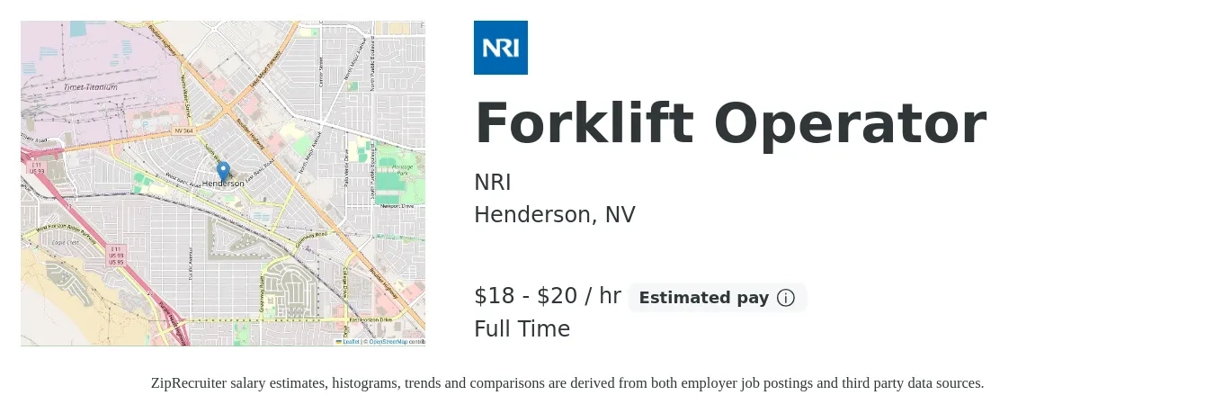 NRI job posting for a Forklift Operator in Henderson, NV with a salary of $20 to $22 Hourly with a map of Henderson location.