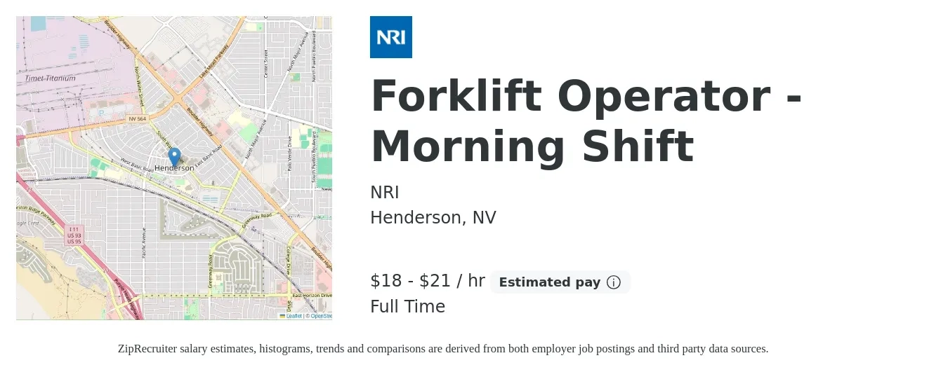 NRI job posting for a Forklift Operator - Morning Shift in Henderson, NV with a salary of $20 to $22 Hourly with a map of Henderson location.