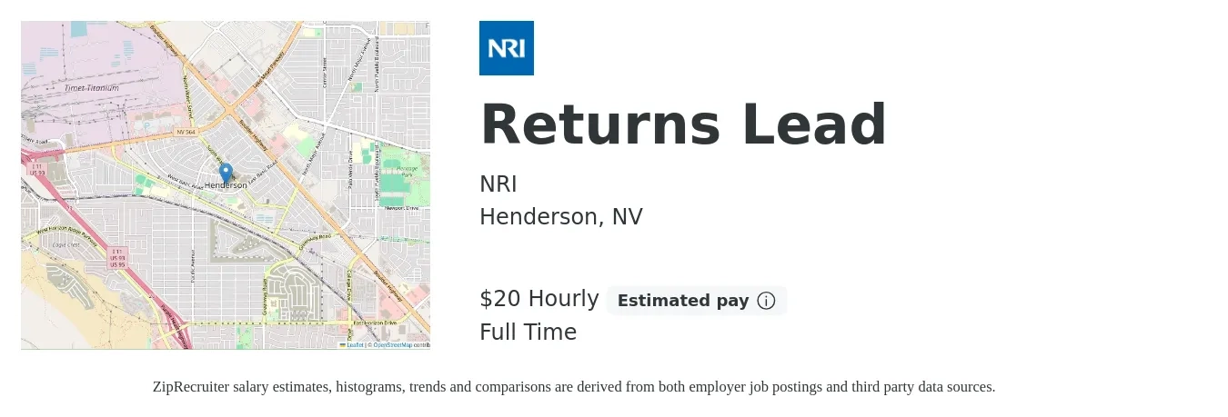 NRI job posting for a Returns Lead in Henderson, NV with a salary of $21 Hourly with a map of Henderson location.