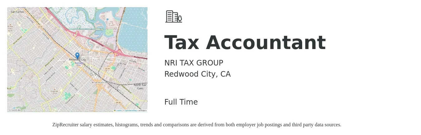 NRI TAX GROUP job posting for a Tax Accountant in Redwood City, CA with a salary of $75,000 to $115,000 Yearly and benefits including retirement with a map of Redwood City location.