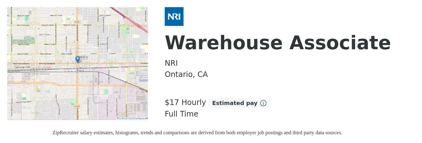 NRI job posting for a Warehouse Associate in Ontario, CA with a salary of $18 Hourly with a map of Ontario location.