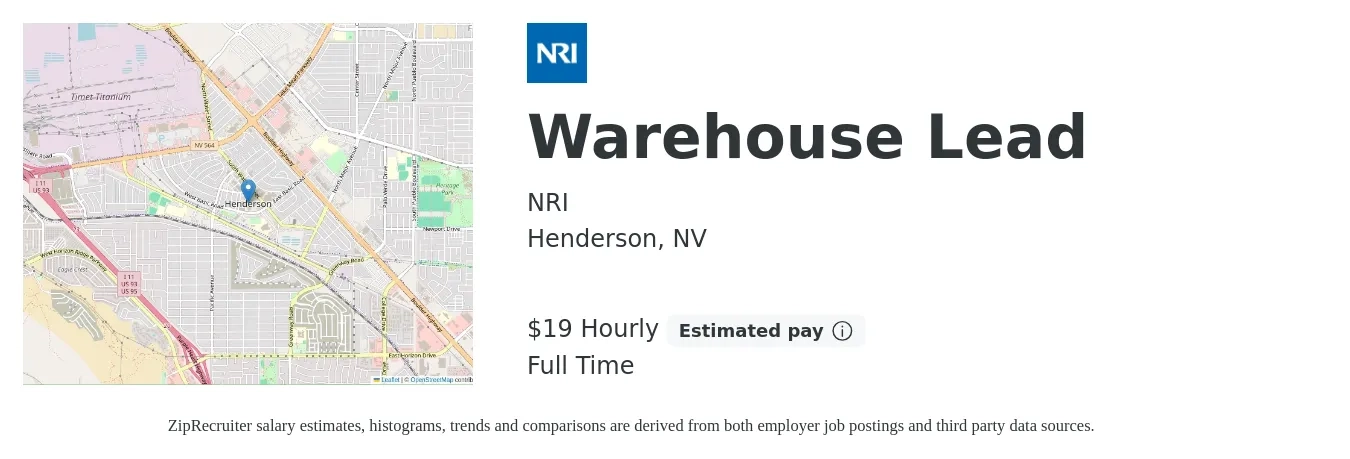 NRI job posting for a Warehouse Lead in Henderson, NV with a salary of $20 Hourly with a map of Henderson location.