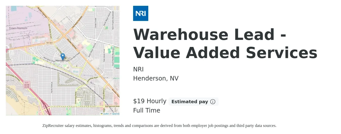 NRI job posting for a Warehouse Lead - Value Added Services in Henderson, NV with a salary of $20 Hourly with a map of Henderson location.