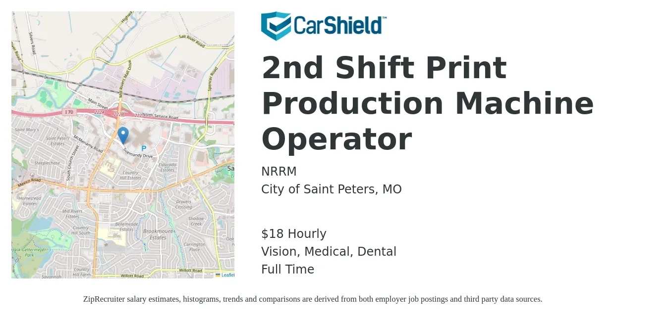 NRRM job posting for a 2nd Shift Print Production Machine Operator in City of Saint Peters, MO with a salary of $19 Hourly and benefits including dental, life_insurance, medical, pto, retirement, and vision with a map of City of Saint Peters location.