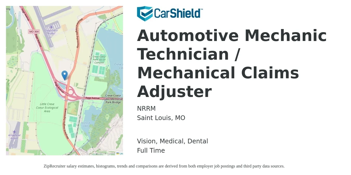 NRRM job posting for a Automotive Mechanic Technician / Mechanical Claims Adjuster in Saint Louis, MO with a salary of $48,100 to $62,700 Yearly and benefits including medical, retirement, vision, dental, and life_insurance with a map of Saint Louis location.