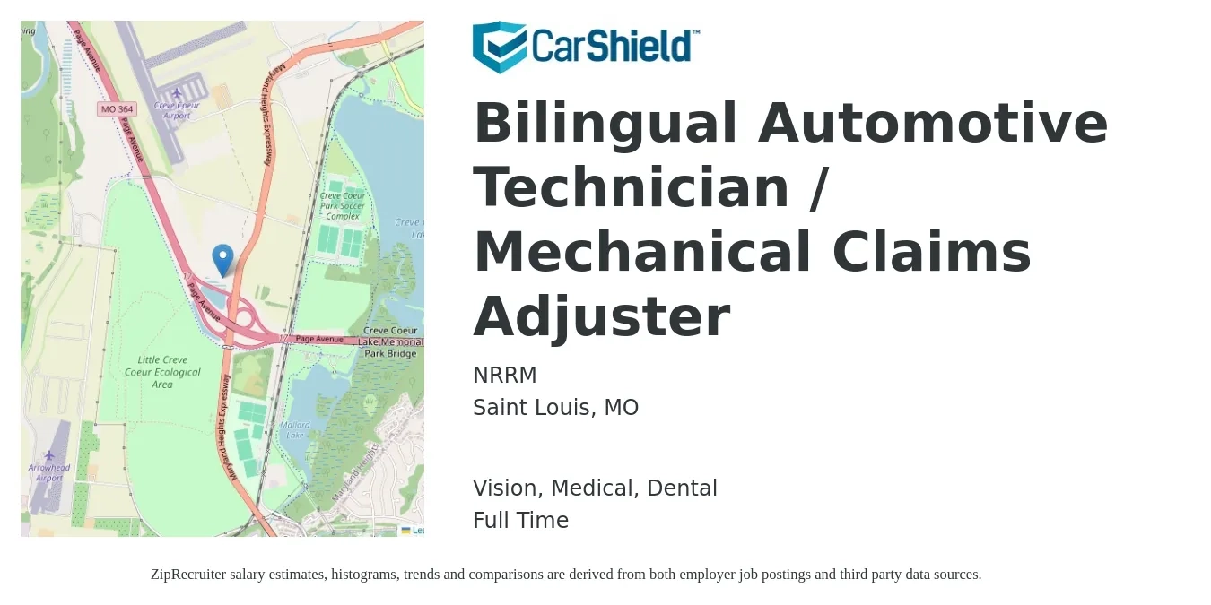 NRRM job posting for a Bilingual Automotive Technician / Mechanical Claims Adjuster in Saint Louis, MO with a salary of $48,100 to $62,700 Yearly and benefits including dental, life_insurance, medical, pto, retirement, and vision with a map of Saint Louis location.