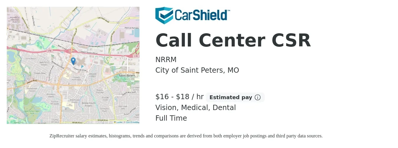 NRRM job posting for a Call Center CSR in City of Saint Peters, MO with a salary of $17 to $19 Hourly (plus commission) and benefits including dental, life_insurance, medical, pto, retirement, and vision with a map of City of Saint Peters location.
