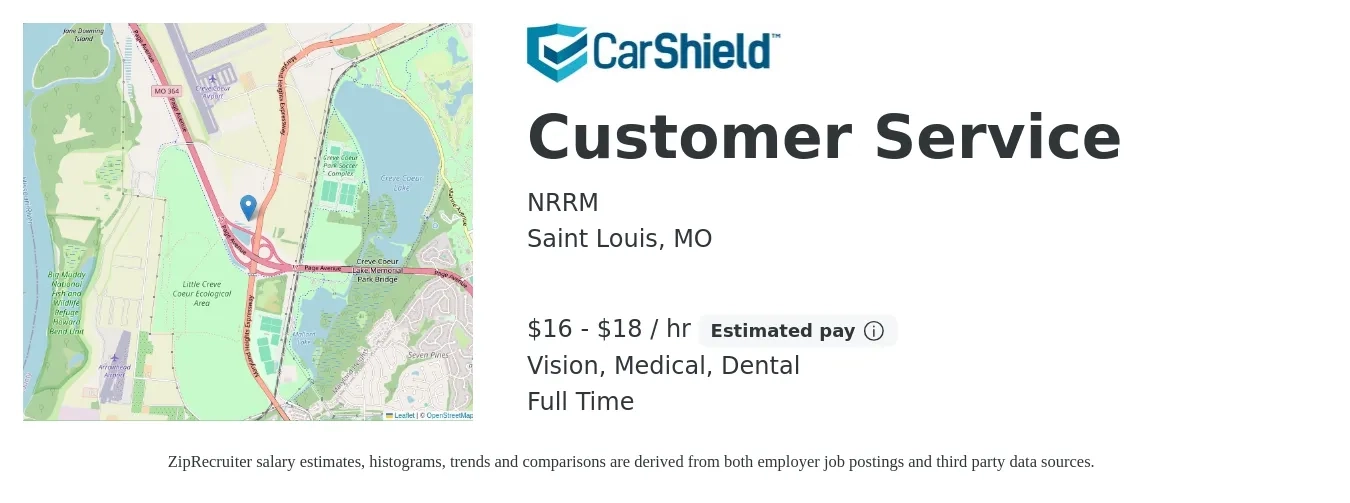 NRRM job posting for a Customer Service in Saint Louis, MO with a salary of $17 to $19 Hourly (plus commission) and benefits including life_insurance, medical, pto, retirement, vision, and dental with a map of Saint Louis location.