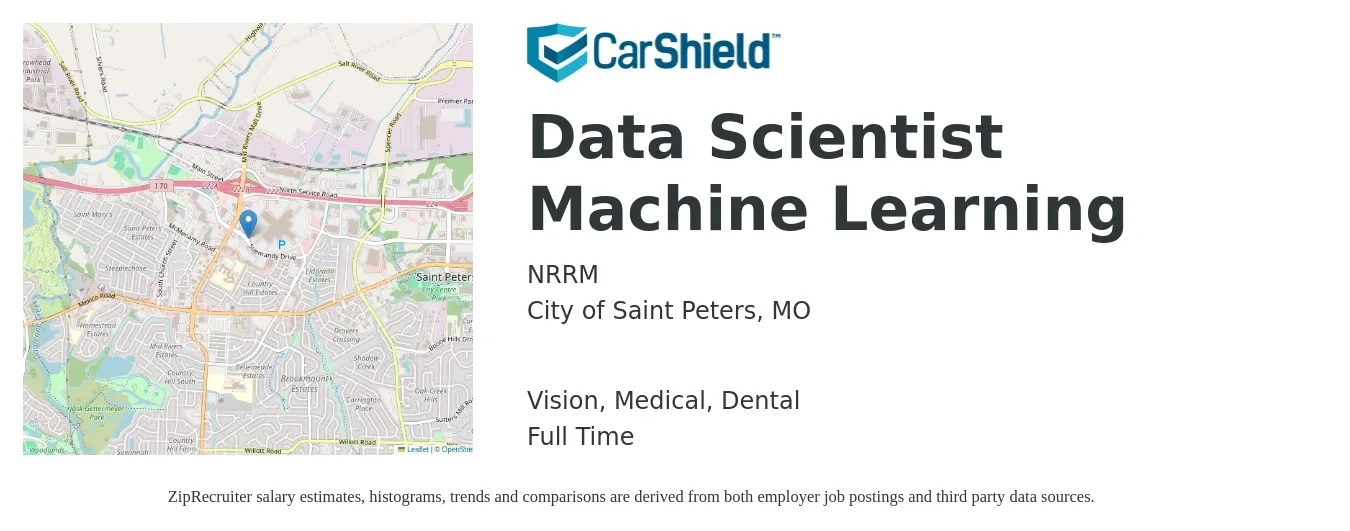 NRRM job posting for a Data Scientist Machine Learning in City of Saint Peters, MO with a salary of $94,200 to $130,000 Yearly and benefits including pto, retirement, vision, dental, life_insurance, and medical with a map of City of Saint Peters location.