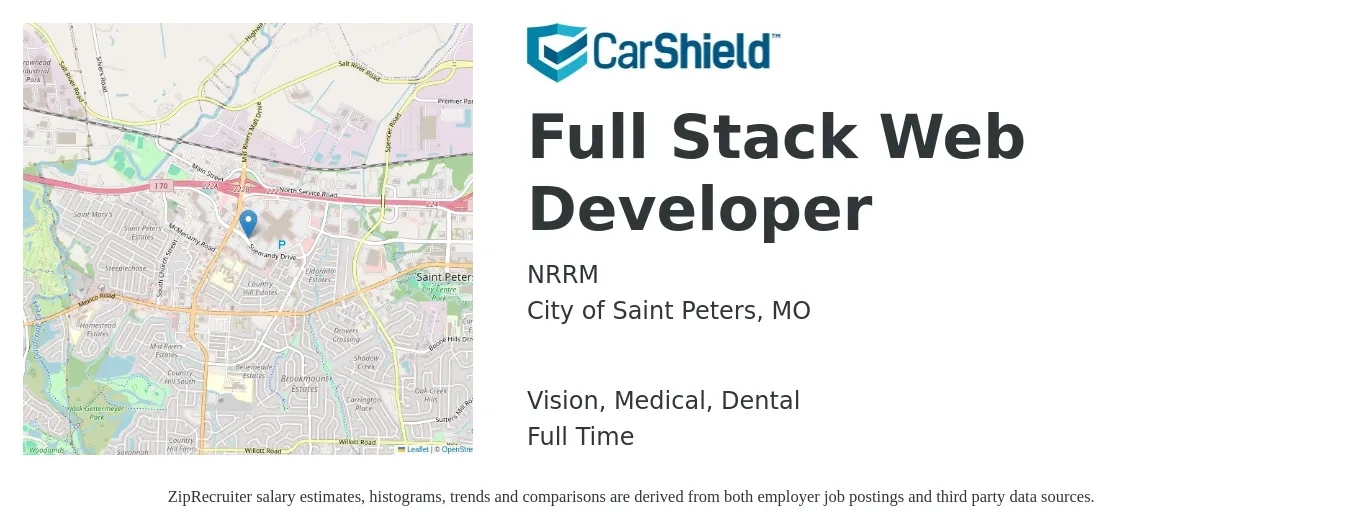 NRRM job posting for a Full Stack Web Developer in City of Saint Peters, MO with a salary of $76,500 to $122,400 Yearly and benefits including dental, life_insurance, medical, retirement, and vision with a map of City of Saint Peters location.