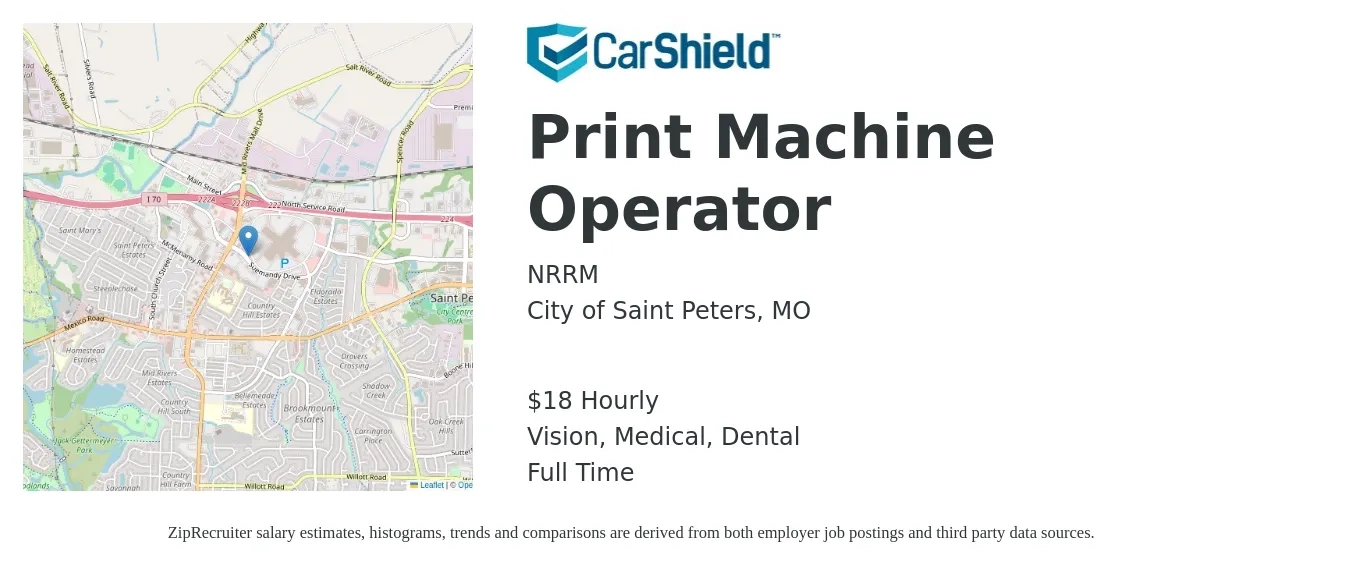 NRRM job posting for a Print Machine Operator in City of Saint Peters, MO with a salary of $19 Hourly and benefits including pto, retirement, vision, dental, life_insurance, and medical with a map of City of Saint Peters location.