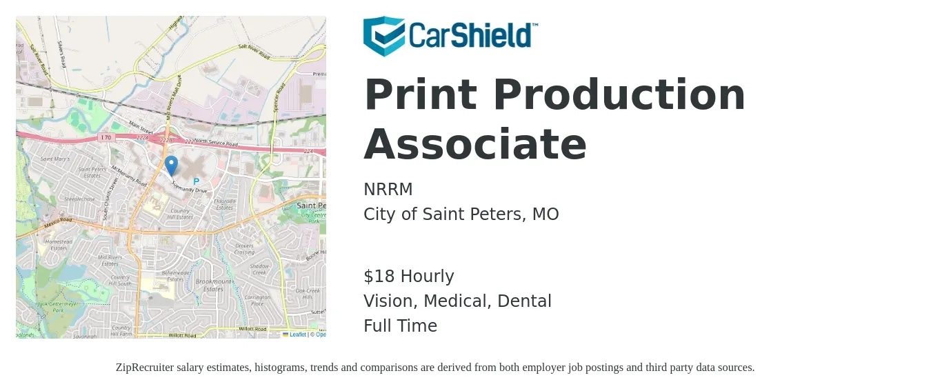 NRRM job posting for a Print Production Associate in City of Saint Peters, MO with a salary of $19 Hourly and benefits including dental, life_insurance, medical, pto, retirement, and vision with a map of City of Saint Peters location.