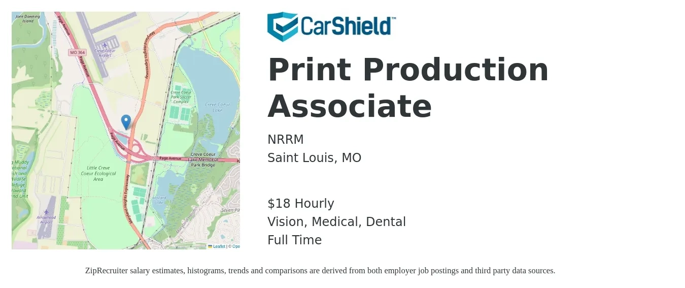 NRRM job posting for a Print Production Associate in Saint Louis, MO with a salary of $19 Hourly and benefits including dental, life_insurance, medical, pto, retirement, and vision with a map of Saint Louis location.
