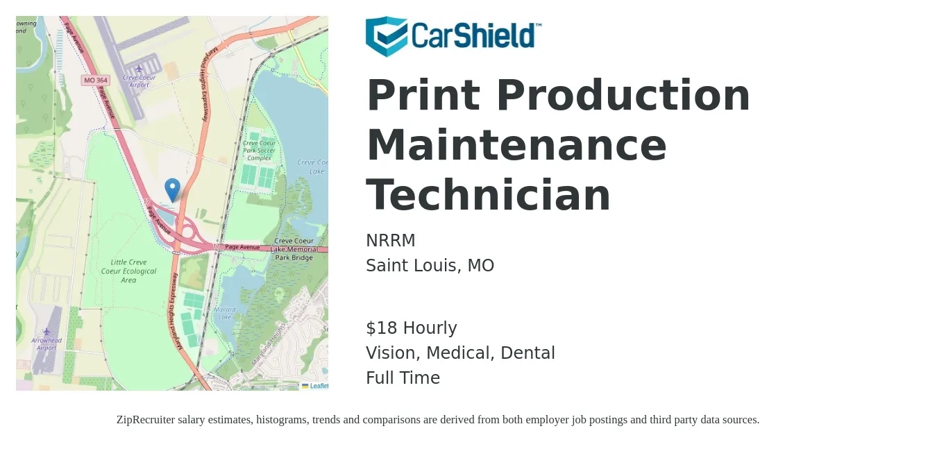 NRRM job posting for a Print Production Maintenance Technician in Saint Louis, MO with a salary of $19 Hourly and benefits including medical, pto, retirement, vision, dental, and life_insurance with a map of Saint Louis location.