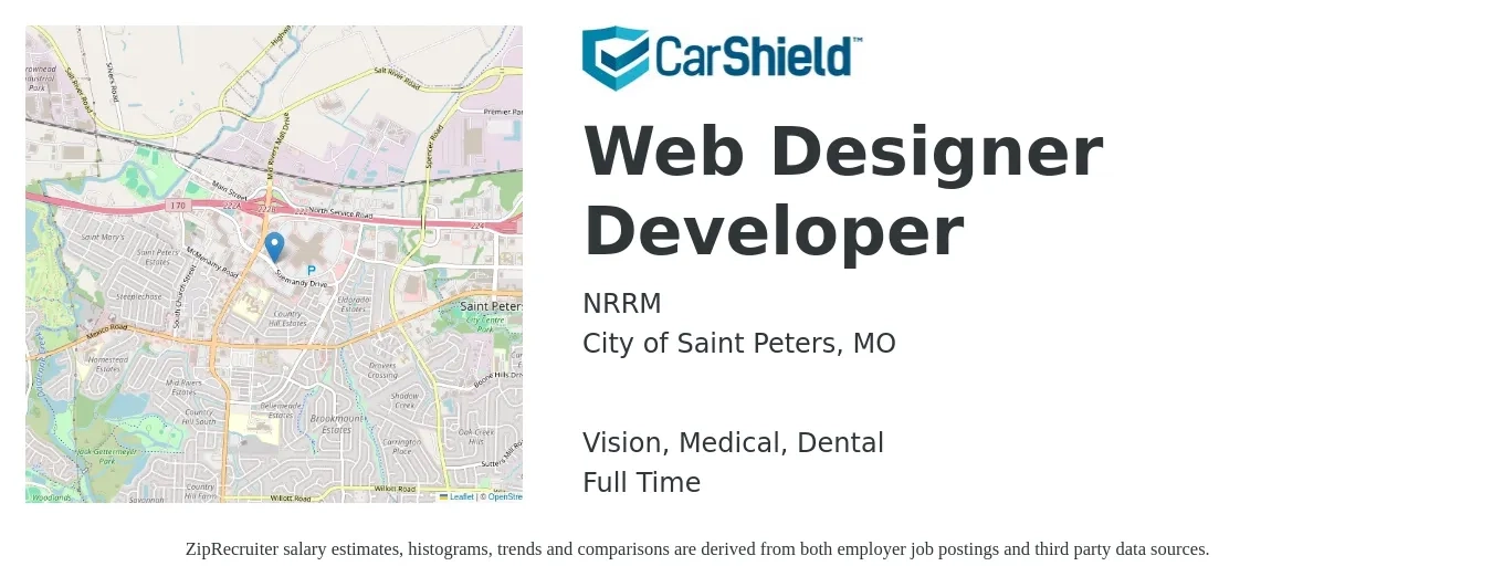 NRRM job posting for a Web Designer Developer in City of Saint Peters, MO with a salary of $46,400 to $63,600 Yearly and benefits including dental, life_insurance, medical, retirement, and vision with a map of City of Saint Peters location.