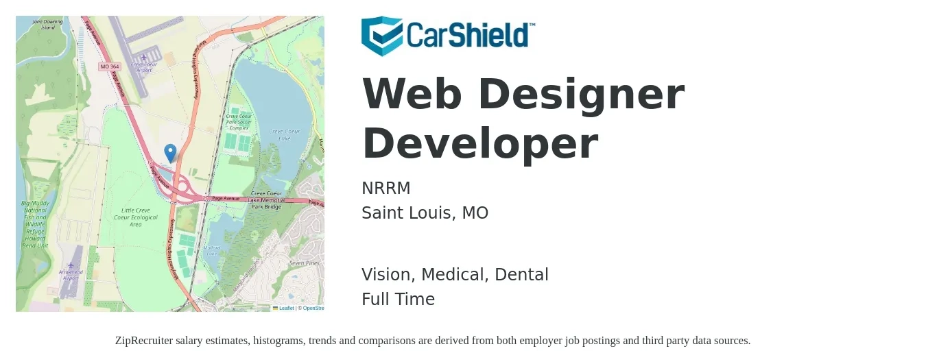 NRRM job posting for a Web Designer Developer in Saint Louis, MO with a salary of $47,200 to $64,700 Yearly and benefits including retirement, vision, dental, life_insurance, and medical with a map of Saint Louis location.