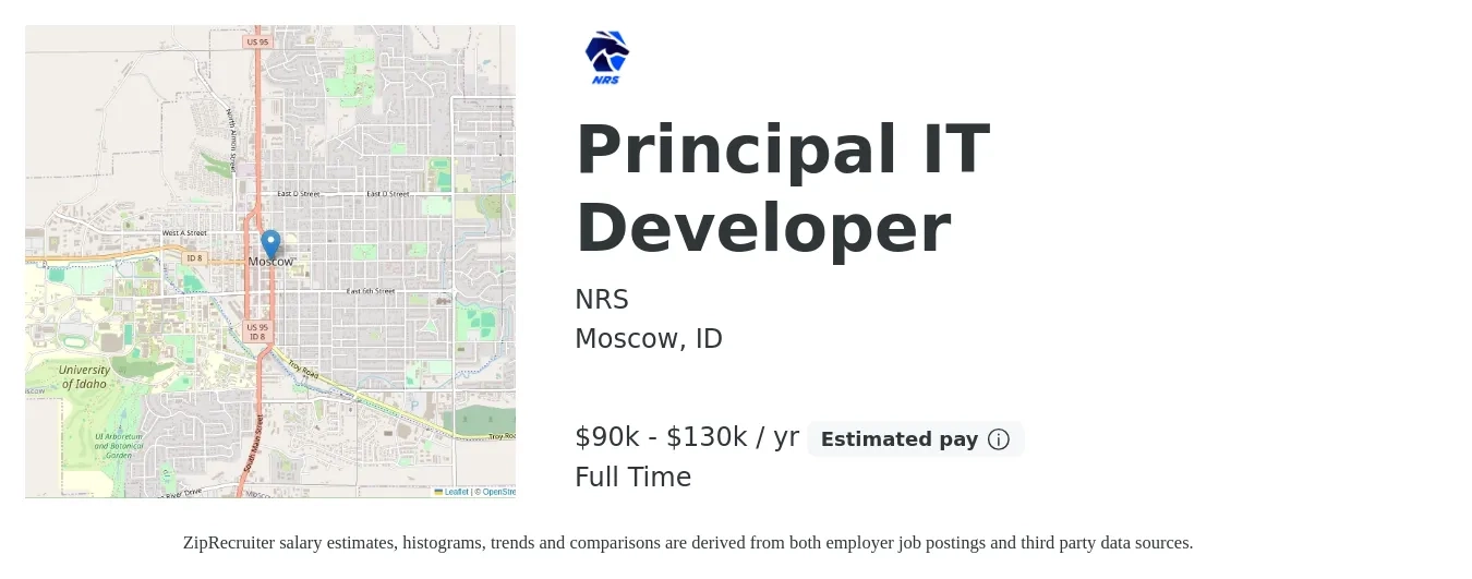 NRS job posting for a Principal IT Developer in Moscow, ID with a salary of $90,000 to $130,000 Yearly and benefits including dental, life_insurance, medical, pto, retirement, and vision with a map of Moscow location.
