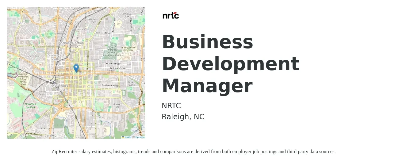 NRTC job posting for a Business Development Manager in Raleigh, NC with a salary of $53,900 to $88,300 Yearly with a map of Raleigh location.