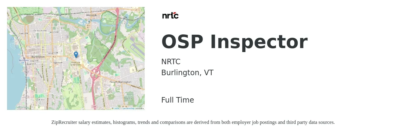 NRTC job posting for a OSP Inspector in Burlington, VT with a salary of $26 to $39 Hourly with a map of Burlington location.