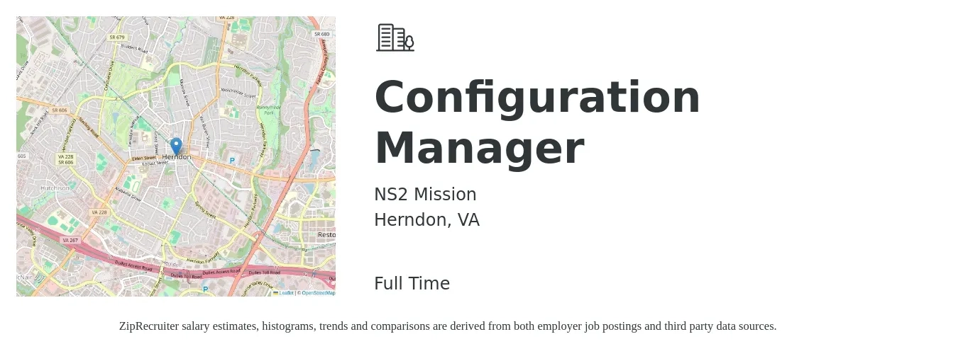 NS2 Mission job posting for a Configuration Manager in Herndon, VA with a salary of $78,200 to $115,200 Yearly with a map of Herndon location.