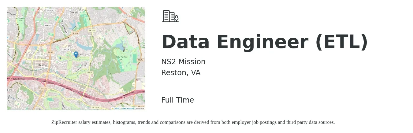 NS2 Mission job posting for a Data Engineer (ETL) in Reston, VA with a salary of $121,000 to $145,300 Yearly with a map of Reston location.