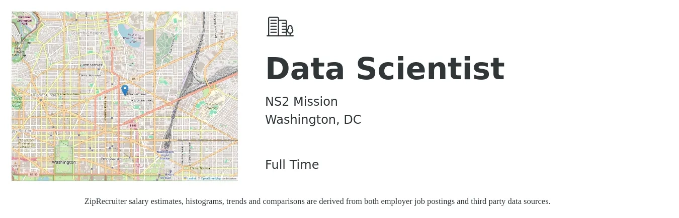 NS2 Mission job posting for a Data Scientist in Washington, DC with a salary of $111,600 to $154,000 Yearly with a map of Washington location.