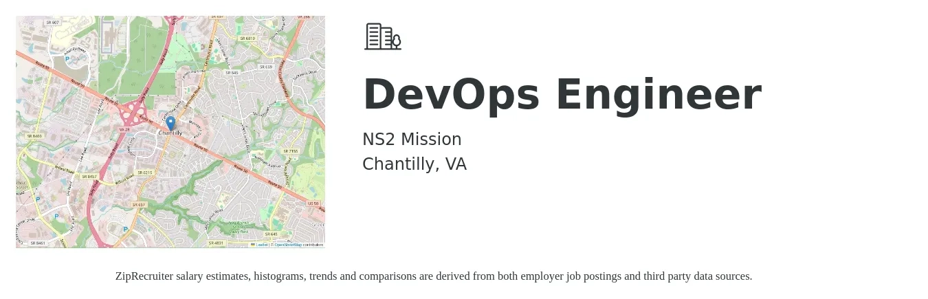 NS2 Mission job posting for a DevOps Engineer in Chantilly, VA with a salary of $54 to $74 Hourly with a map of Chantilly location.