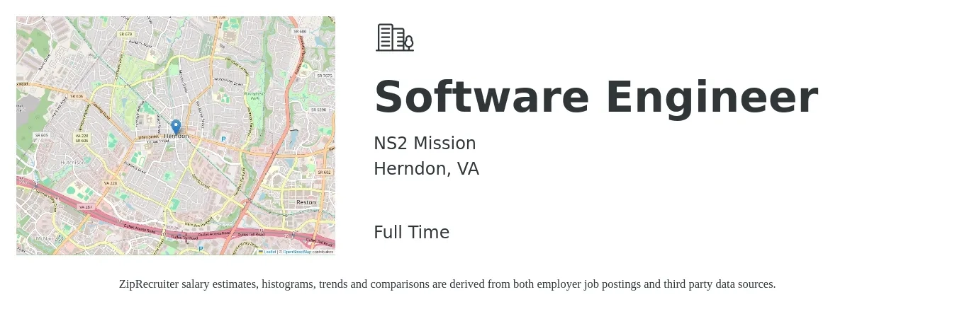 NS2 Mission job posting for a Software Engineer in Herndon, VA with a salary of $123,400 to $177,900 Yearly with a map of Herndon location.