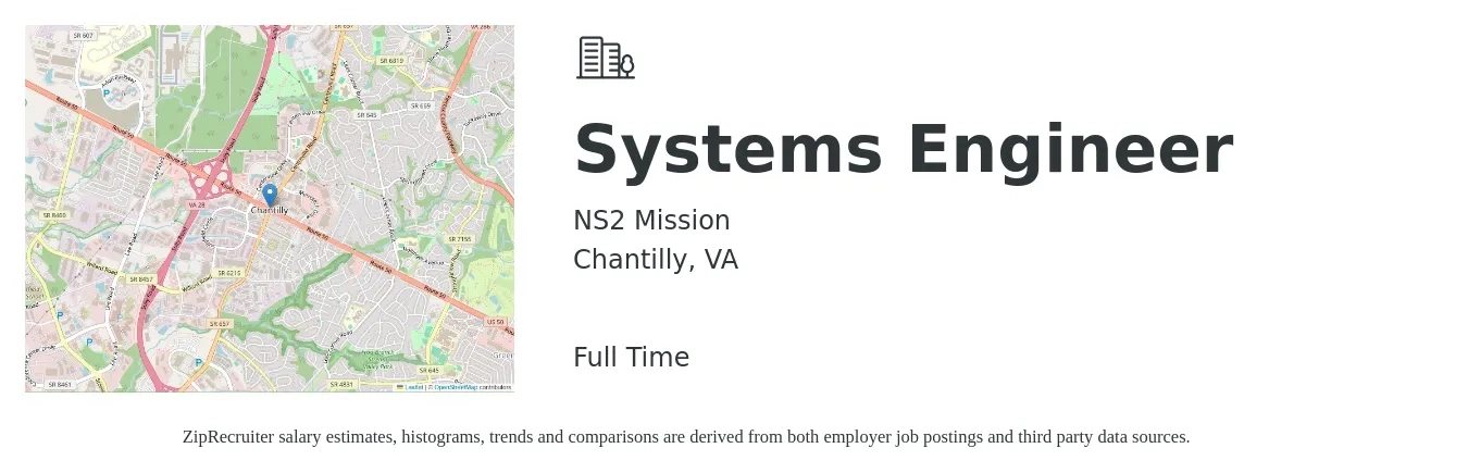NS2 Mission job posting for a Systems Engineer in Chantilly, VA with a salary of $101,300 to $162,300 Yearly with a map of Chantilly location.