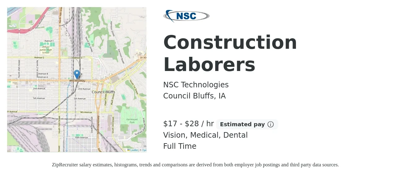 NSC Technologies job posting for a Construction Laborers in Council Bluffs, IA with a salary of $18 to $30 Hourly and benefits including life_insurance, medical, retirement, vision, and dental with a map of Council Bluffs location.