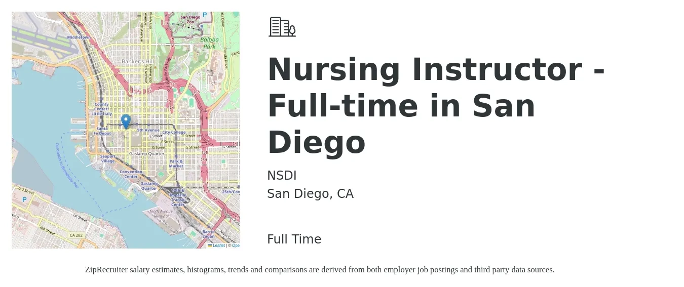 NSDI job posting for a Nursing Instructor - Full-time in San Diego in San Diego, CA with a salary of $28 to $30 Hourly with a map of San Diego location.
