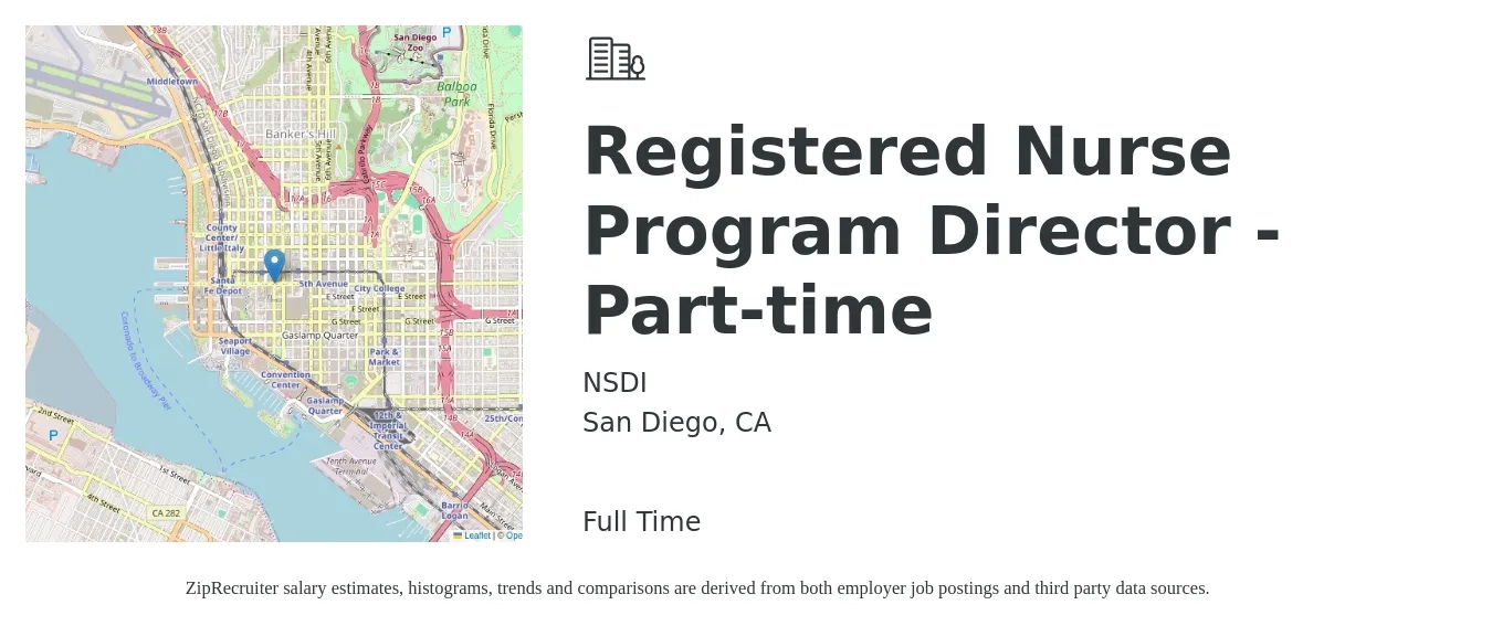 NSDI job posting for a Registered Nurse Program Director - Part-time in San Diego, CA with a salary of $74,300 to $116,800 Yearly with a map of San Diego location.