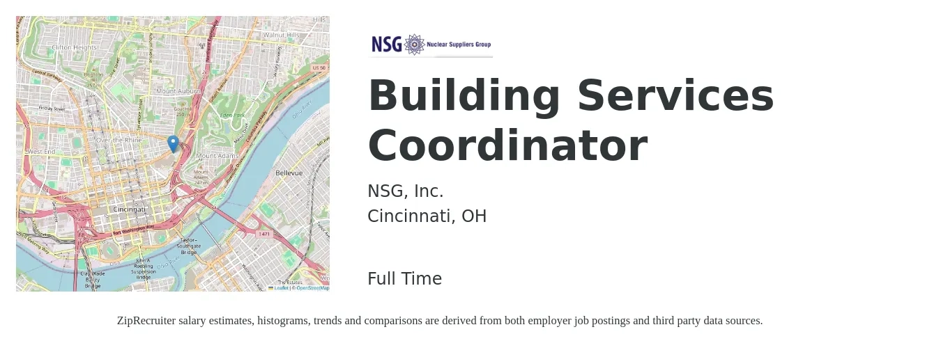NSG, Inc. job posting for a Building Services Coordinator in Cincinnati, OH with a salary of $23 to $25 Hourly with a map of Cincinnati location.