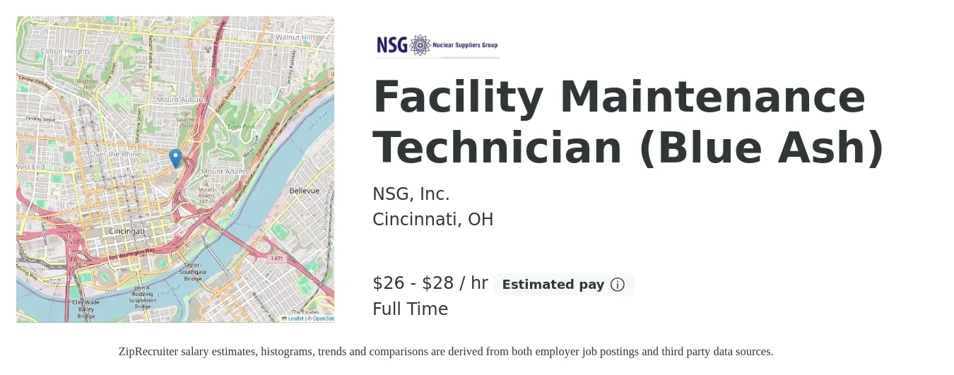 NSG, Inc. job posting for a Facility Maintenance Technician (Blue Ash) in Cincinnati, OH with a salary of $28 to $30 Hourly with a map of Cincinnati location.