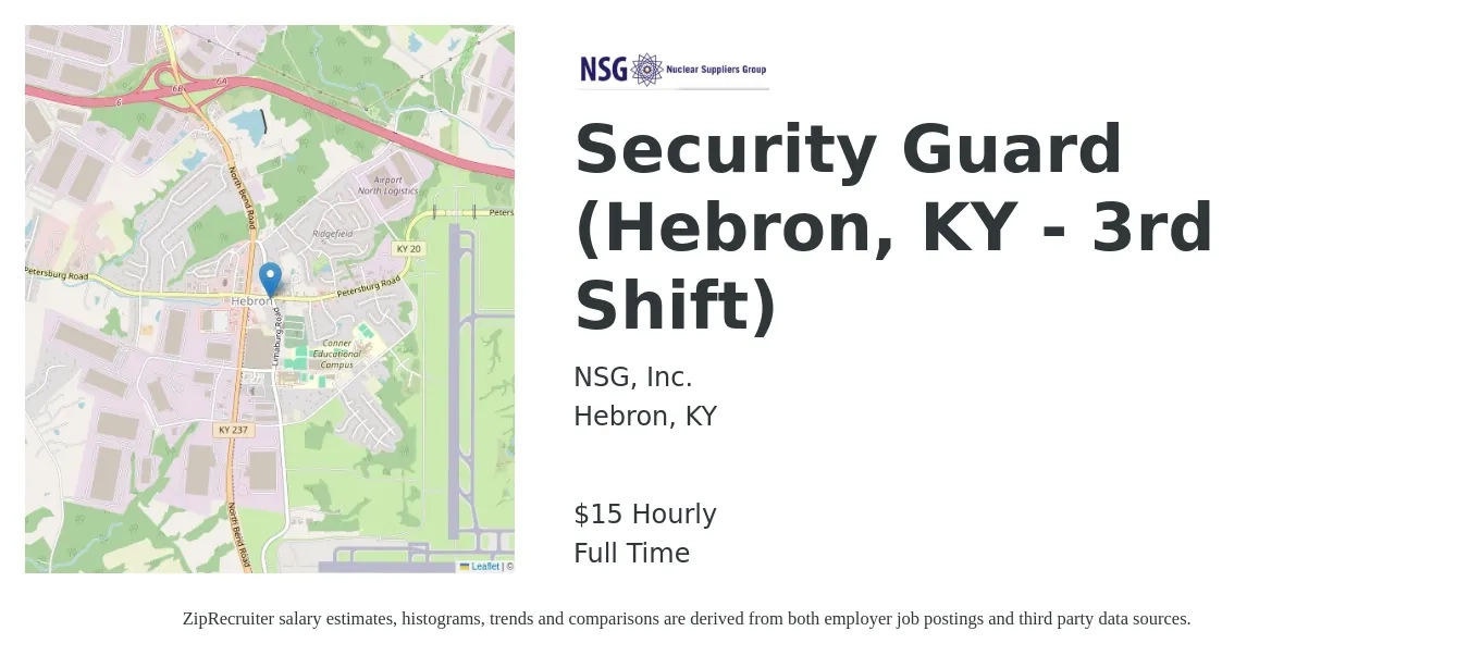 NSG, Inc. job posting for a Security Guard (Hebron, KY - 3rd Shift) in Hebron, KY with a salary of $16 Hourly with a map of Hebron location.