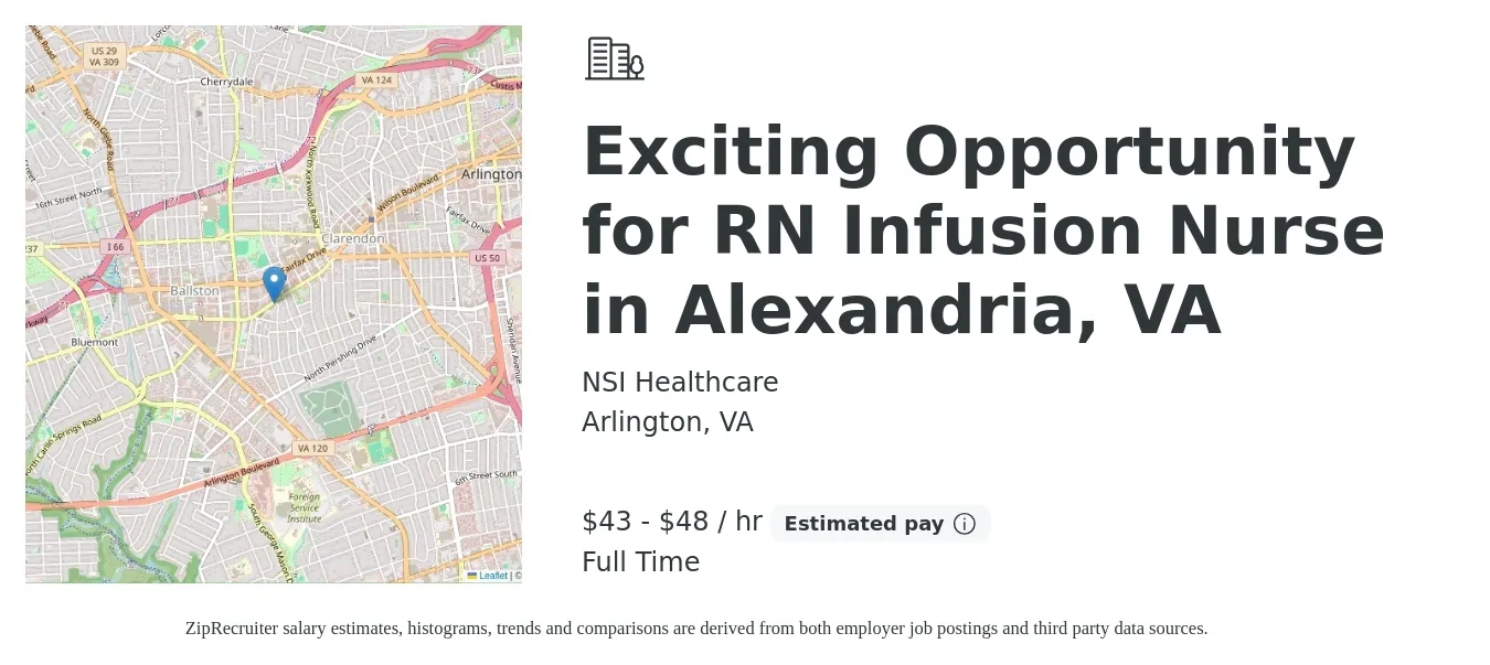 NSI Healthcare job posting for a Exciting Opportunity for RN Infusion Nurse in Alexandria, VA in Arlington, VA with a salary of $45 to $50 Hourly with a map of Arlington location.