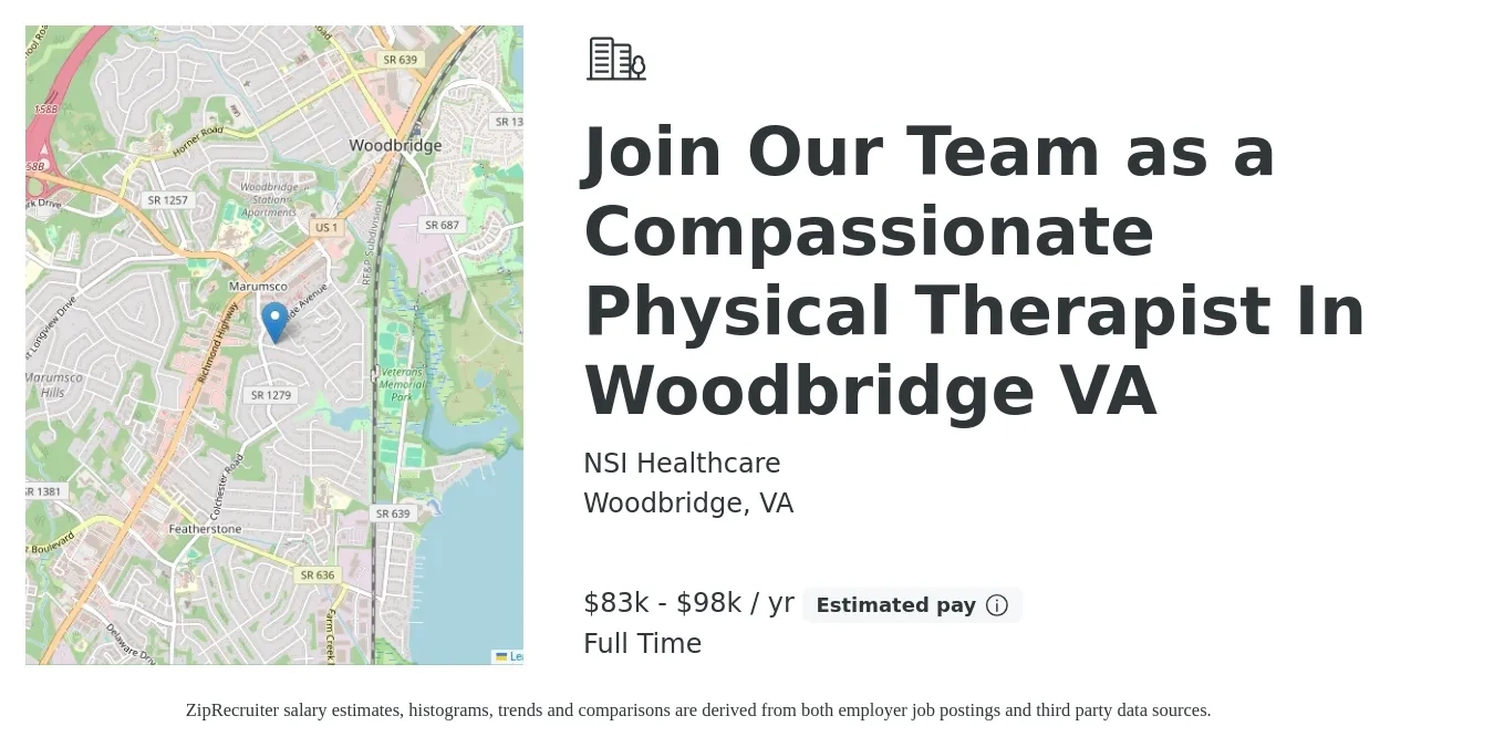 NSI Healthcare job posting for a Join Our Team as a Compassionate Physical Therapist In Woodbridge VA in Woodbridge, VA with a salary of $83,000 to $98,000 Yearly with a map of Woodbridge location.