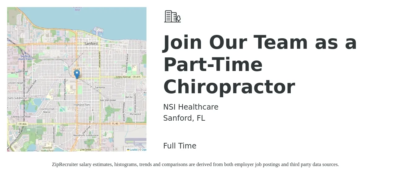 NSI Healthcare job posting for a Join Our Team as a Part-Time Chiropractor in Sanford, FL with a salary of $340 to $350 Daily with a map of Sanford location.