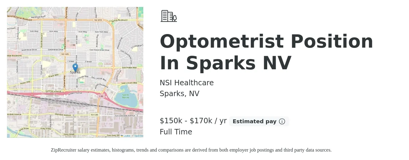 NSI Healthcare job posting for a Optometrist Position In Sparks NV in Sparks, NV with a salary of $150,000 to $170,000 Yearly with a map of Sparks location.