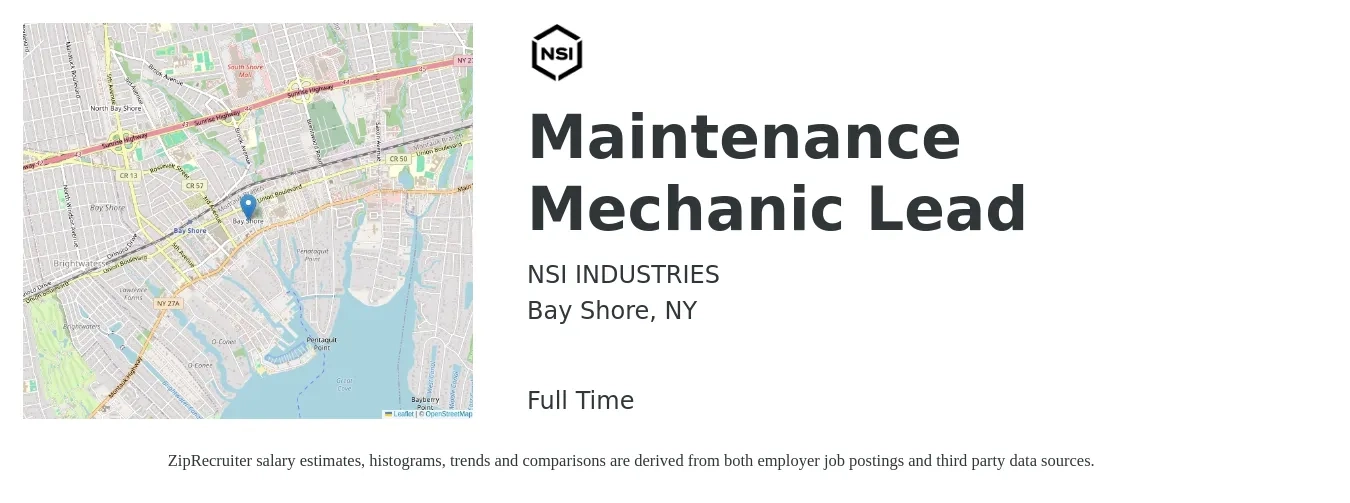 NSI INDUSTRIES job posting for a Maintenance Mechanic Lead in Bay Shore, NY with a salary of $27 to $41 Hourly with a map of Bay Shore location.