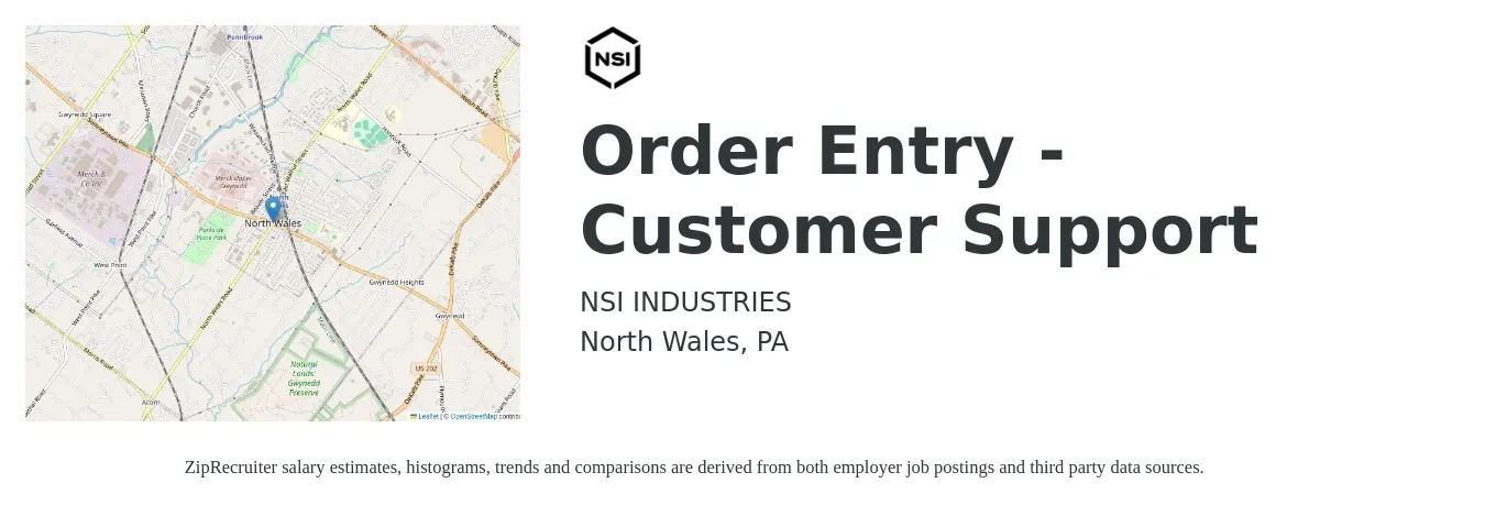 NSi Industries LLC job posting for a Order Entry - Customer Support in North Wales, PA with a salary of $16 to $21 Hourly with a map of North Wales location.
